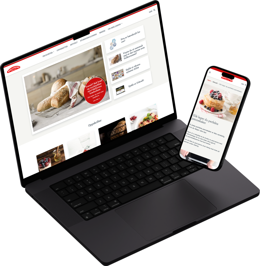Møllerens sine websider på desktop og mobil.