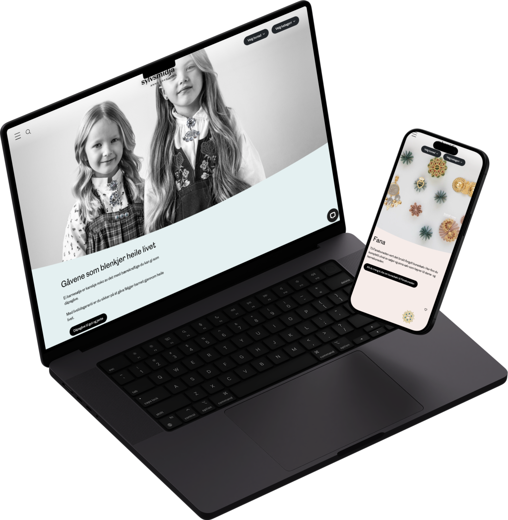 Sylvsmidja sine websider på desktop og mobil.